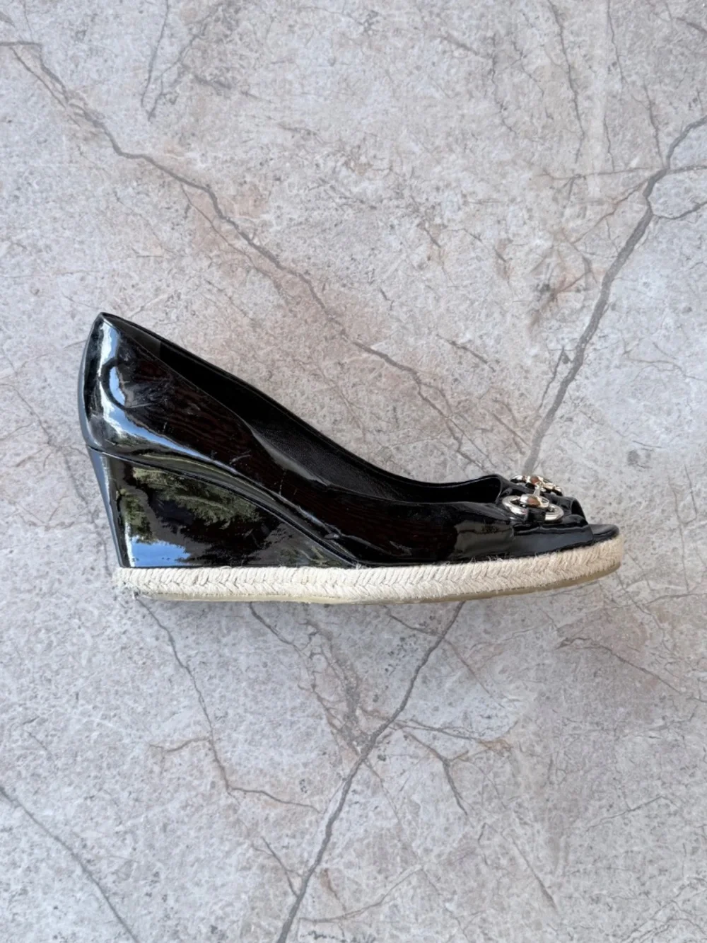 Gucci Black Patent Leather Horsebit Espadrille Peep Toe Wedge Pumps